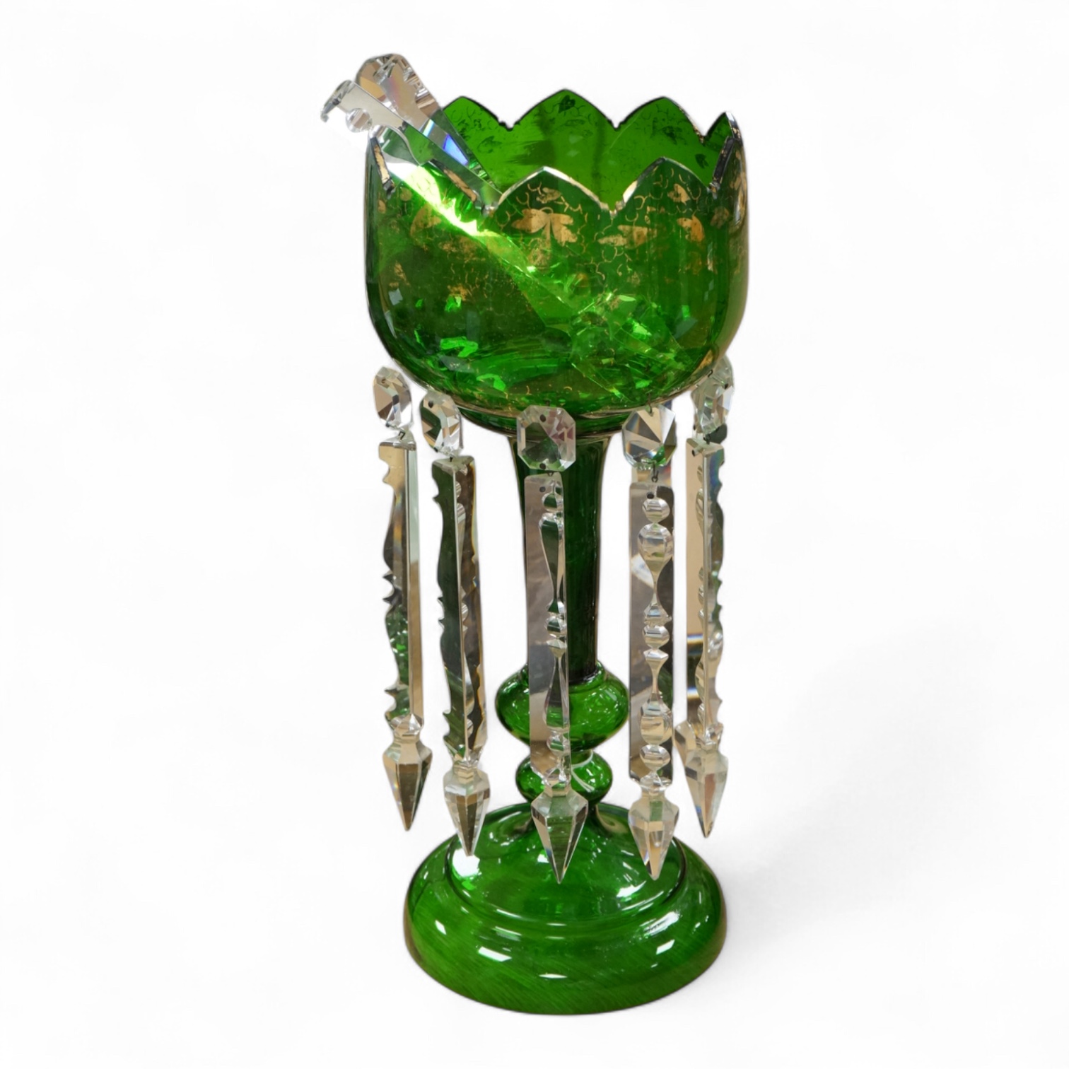 A large Victorian green glass lustre with drops, 45cm high